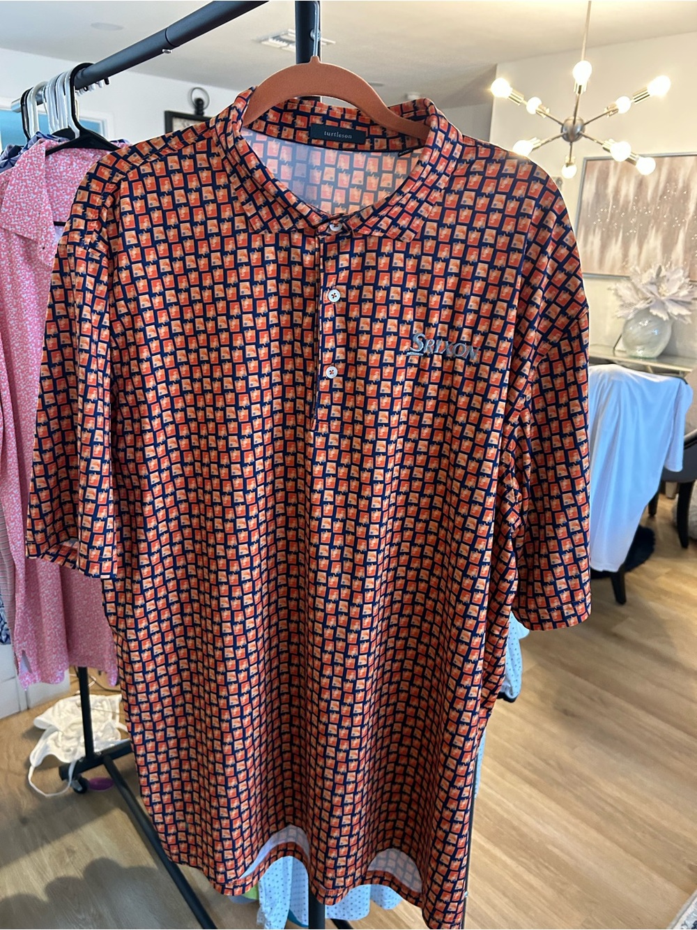 RIXO Men's Orange and Navy Geometric Polo Shirt